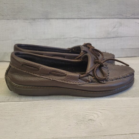 Minnetonka Moosehide Kilty Moccasin Brown Leather Slip-On Loafers Size 8 - Picture 5 of 5